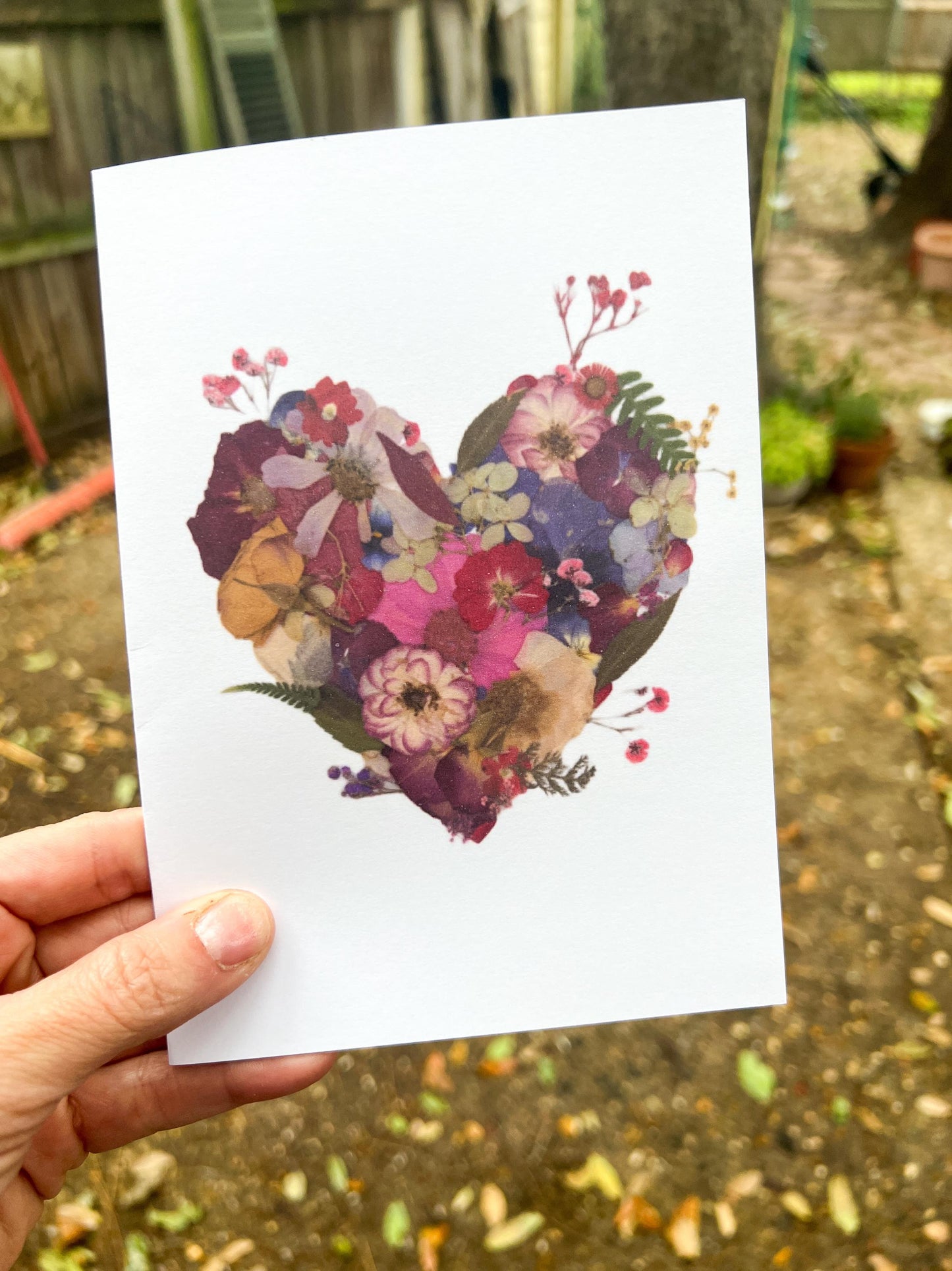 Pressed flower heart greeting card, PRINT,  floral collage heart, whimsical greeting card made with real flowers print, blank greeting card