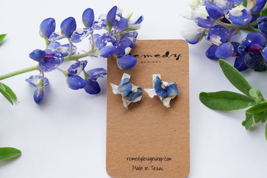 Texas bluebonnet stud earrings, pressed bluebonnet studs, Texas shaped studs, real bluebonnet earrings, Texas jewelry gift