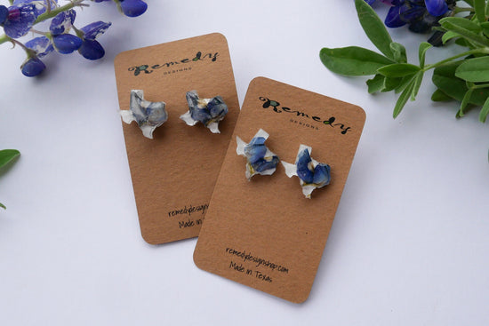 Texas bluebonnet stud earrings, pressed bluebonnet studs, Texas shaped studs, real bluebonnet earrings, Texas jewelry gift