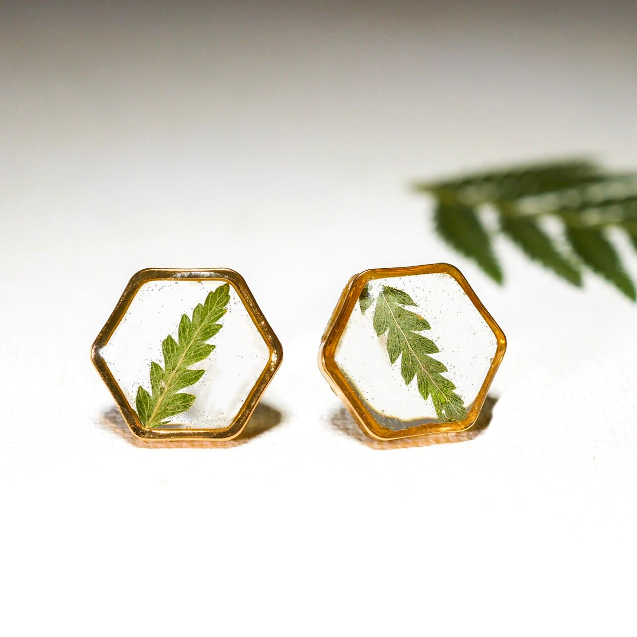 Fern Stud Earrings – Pressed Fern Studs | Hexagon Resin Plant Jewelry Gift