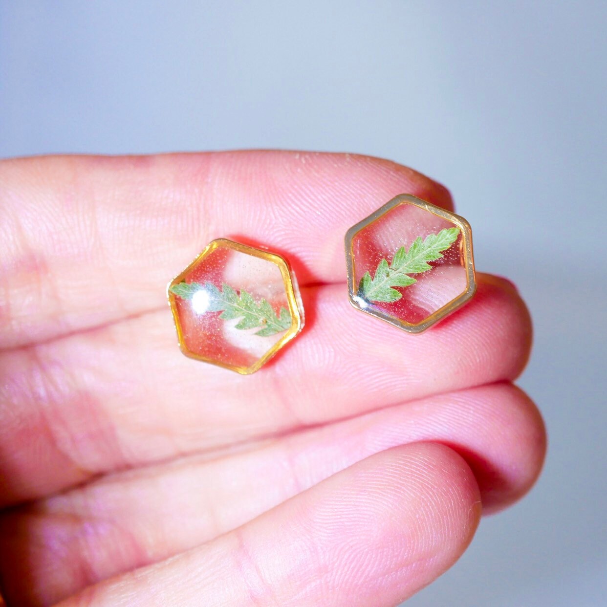 Fern Stud Earrings – Pressed Fern Studs | Hexagon Resin Plant Jewelry Gift