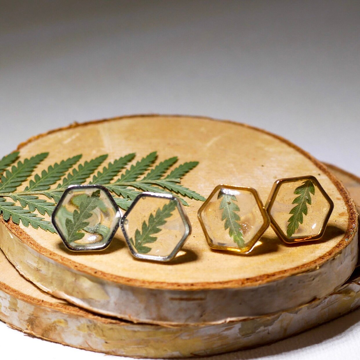 Fern Stud Earrings – Pressed Fern Studs | Hexagon Resin Plant Jewelry Gift