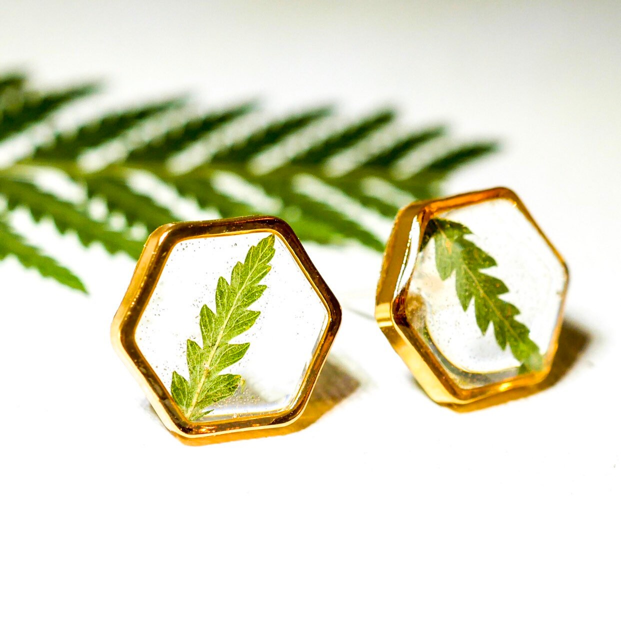 Fern Stud Earrings – Pressed Fern Studs | Hexagon Resin Plant Jewelry Gift