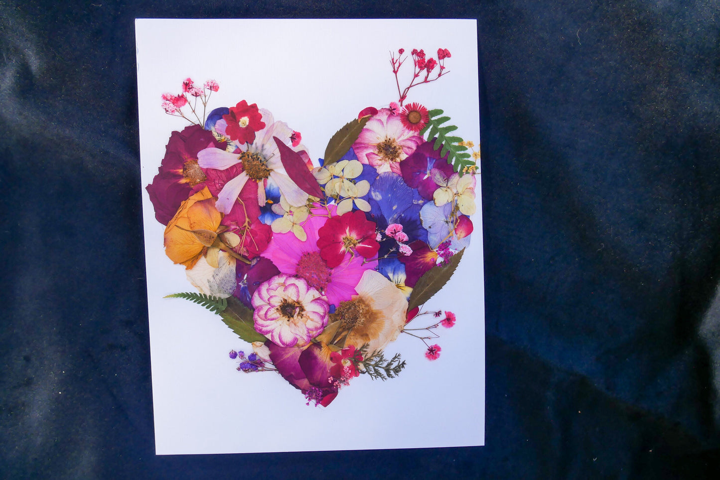 Pressed flower heart art, floral collage heart, whimsical art made with real flowers