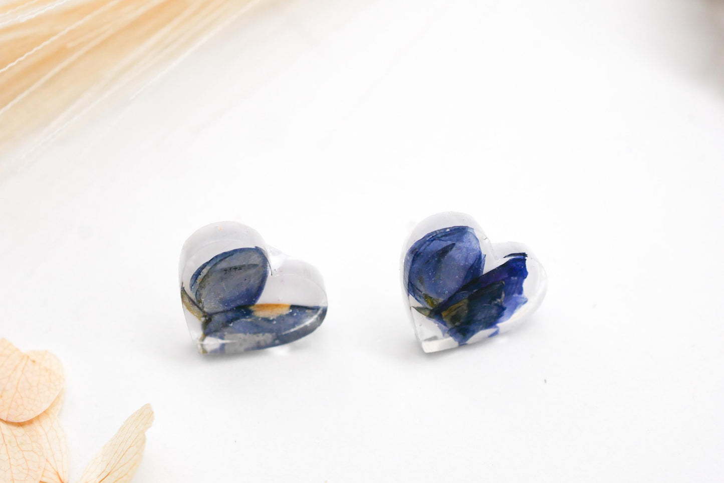Texas bluebonnet stud earrings, pressed bluebonnet studs, heart shaped studs, real bluebonnet earrings, Texas jewelry gift