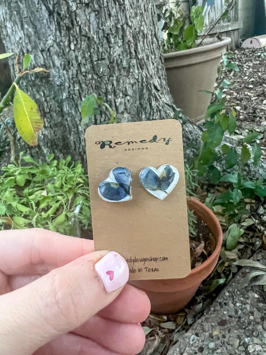 Texas bluebonnet stud earrings, pressed bluebonnet studs, heart shaped studs, real bluebonnet earrings, Texas jewelry gift