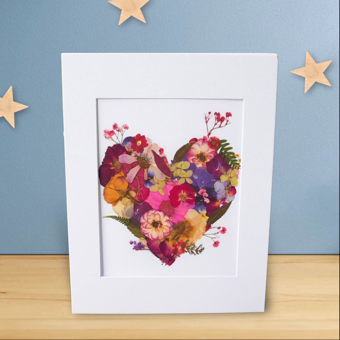 Pressed flower heart art, floral collage heart, whimsical art made with real flowers
