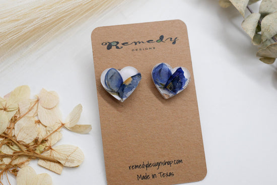 Texas bluebonnet stud earrings, pressed bluebonnet studs, heart shaped studs, real bluebonnet earrings, Texas jewelry gift