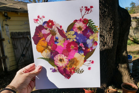Pressed flower heart art, floral collage heart, whimsical art made with real flowers