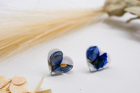 Texas bluebonnet stud earrings, pressed bluebonnet studs, heart shaped studs, real bluebonnet earrings, Texas jewelry gift