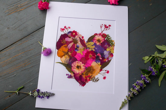 Pressed flower heart art, floral collage heart, whimsical art made with real flowers