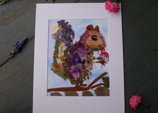 Whimsical squirrel art, Pressed flower squirrel art, real flower art print, Cute squirrel art