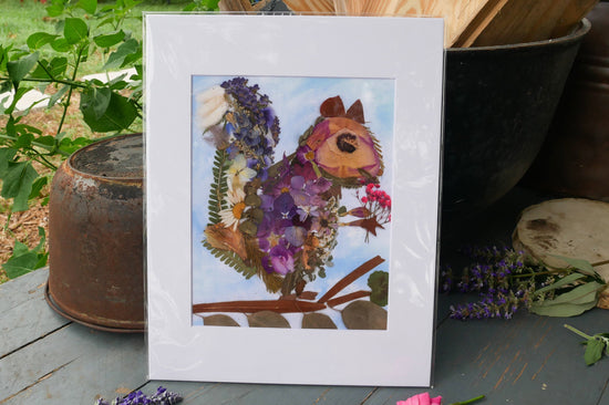 Whimsical squirrel art, Pressed flower squirrel art, real flower art print, Cute squirrel art