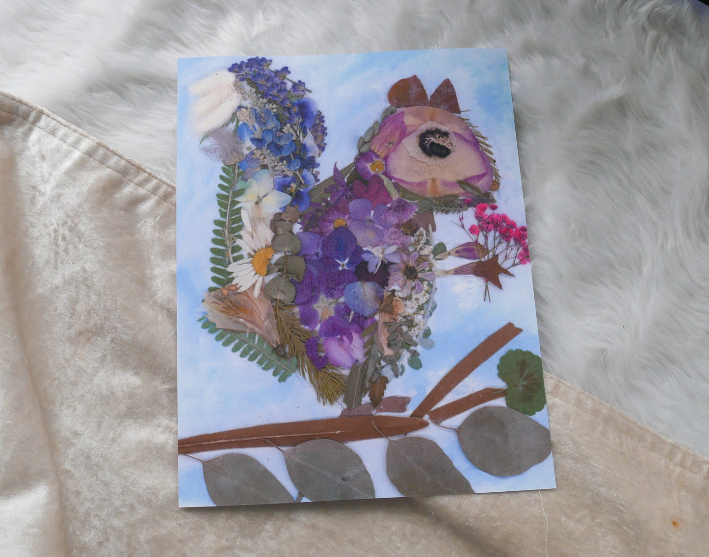 Whimsical squirrel art, Pressed flower squirrel art, real flower art print, Cute squirrel art