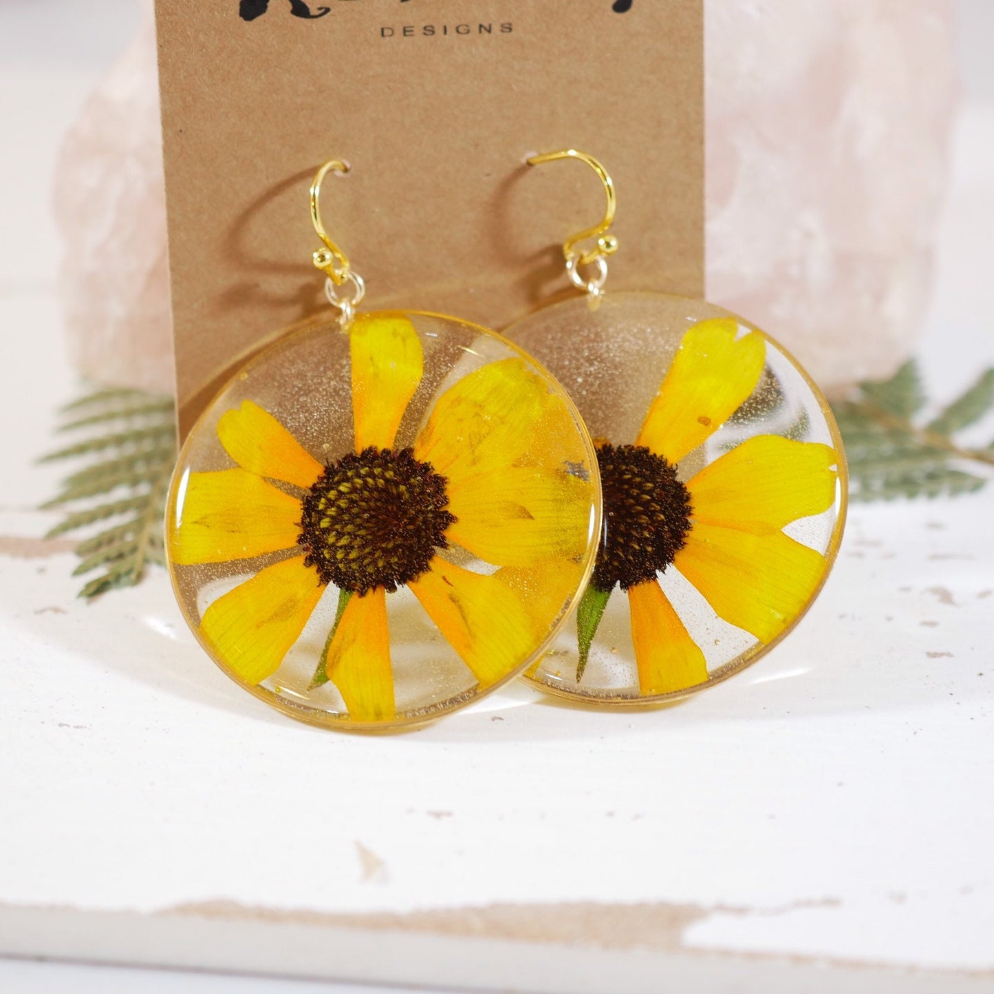 Pressed flower black  Eyed Susan earrings