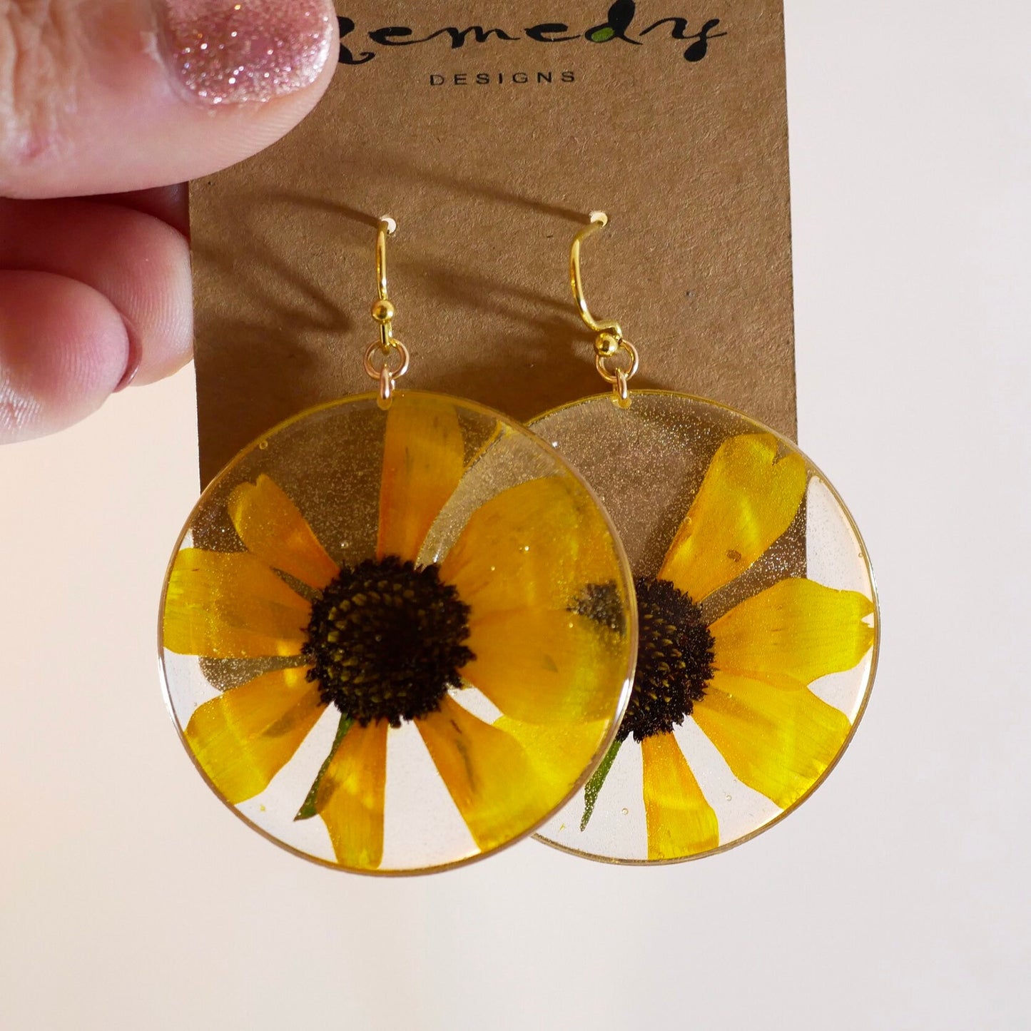 Pressed flower black  Eyed Susan earrings