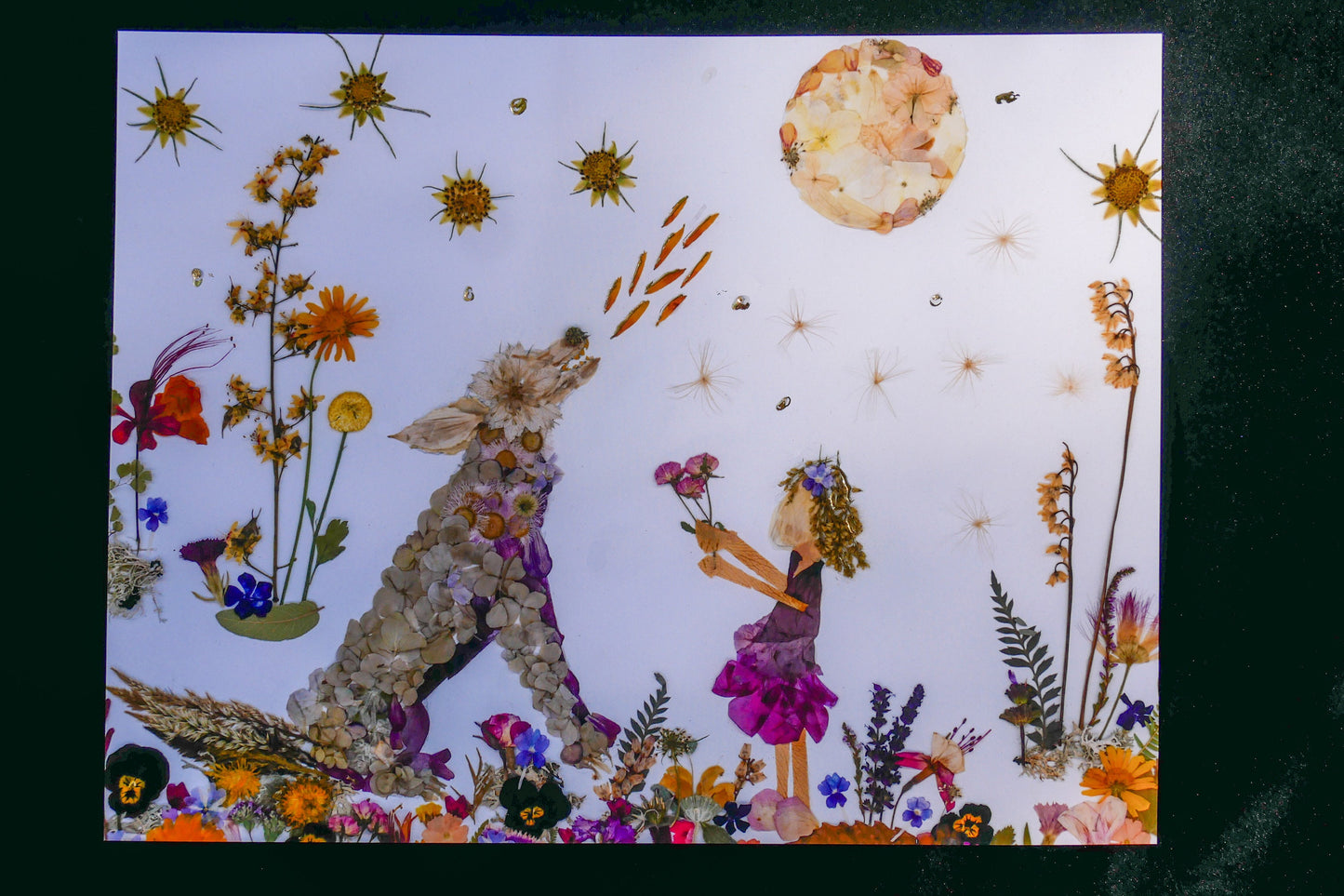 Pressed flower wolf art, whimsical flower art, real flower art PRINT, woodland nursery