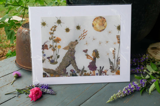 Pressed flower wolf art, whimsical flower art, real flower art PRINT, woodland nursery
