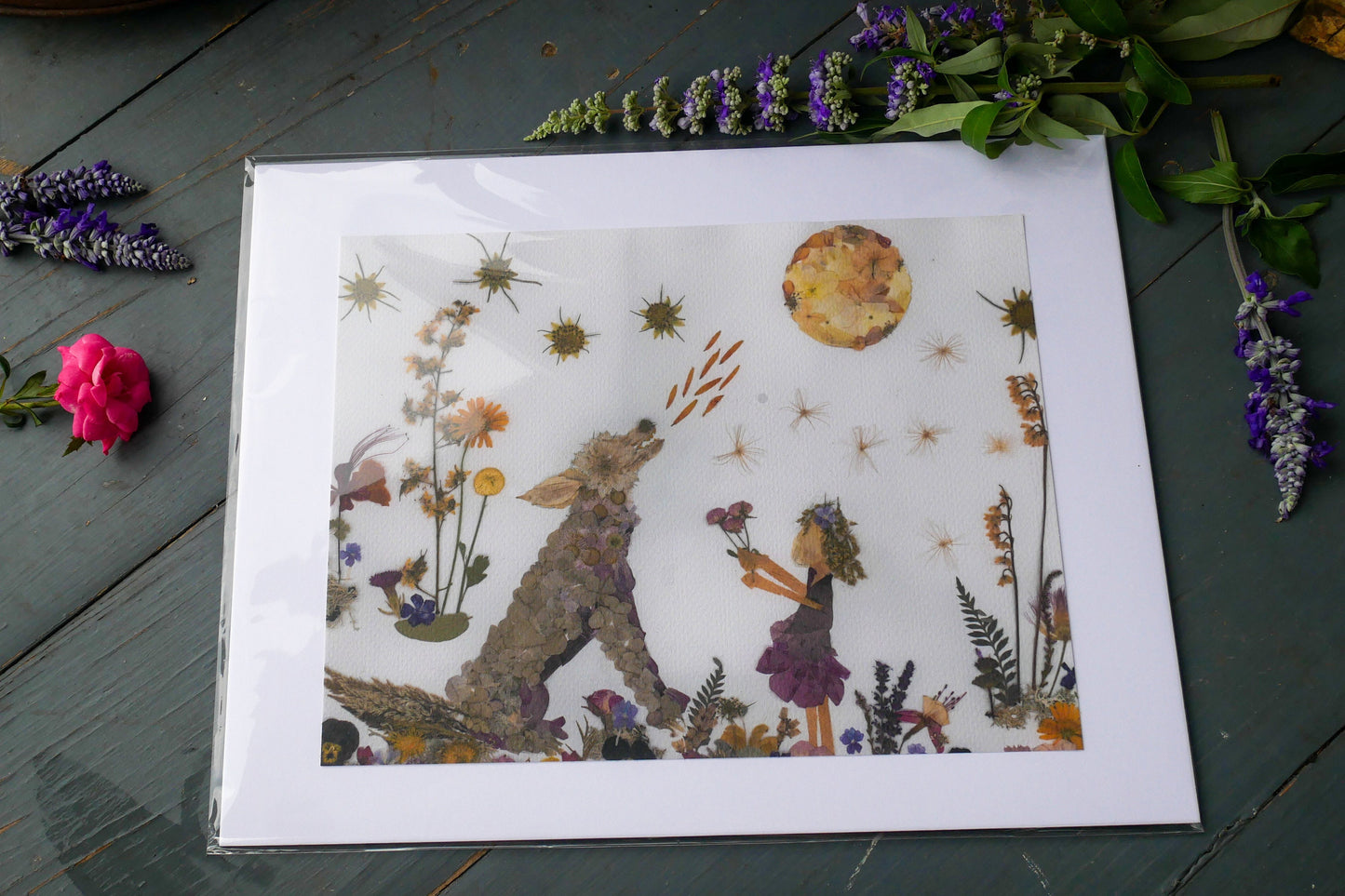 Pressed flower wolf art, whimsical flower art, real flower art PRINT, woodland nursery
