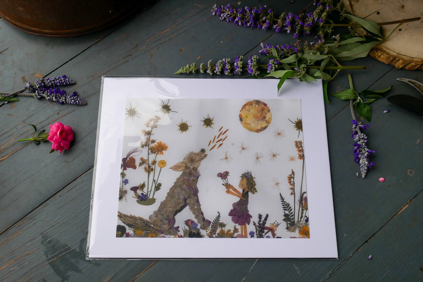 Pressed flower wolf art, whimsical flower art, real flower art PRINT, woodland nursery