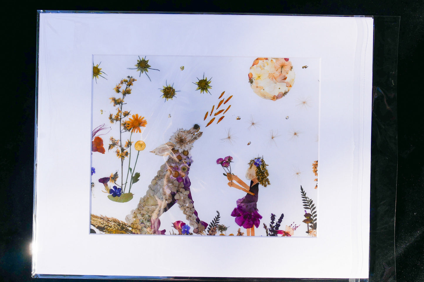 Pressed flower wolf art, whimsical flower art, real flower art PRINT, woodland nursery