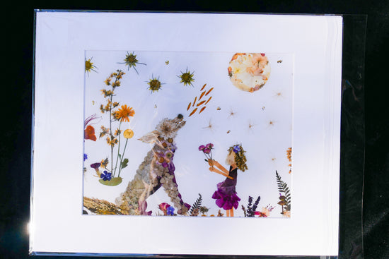 Pressed flower wolf art, whimsical flower art, real flower art PRINT, woodland nursery