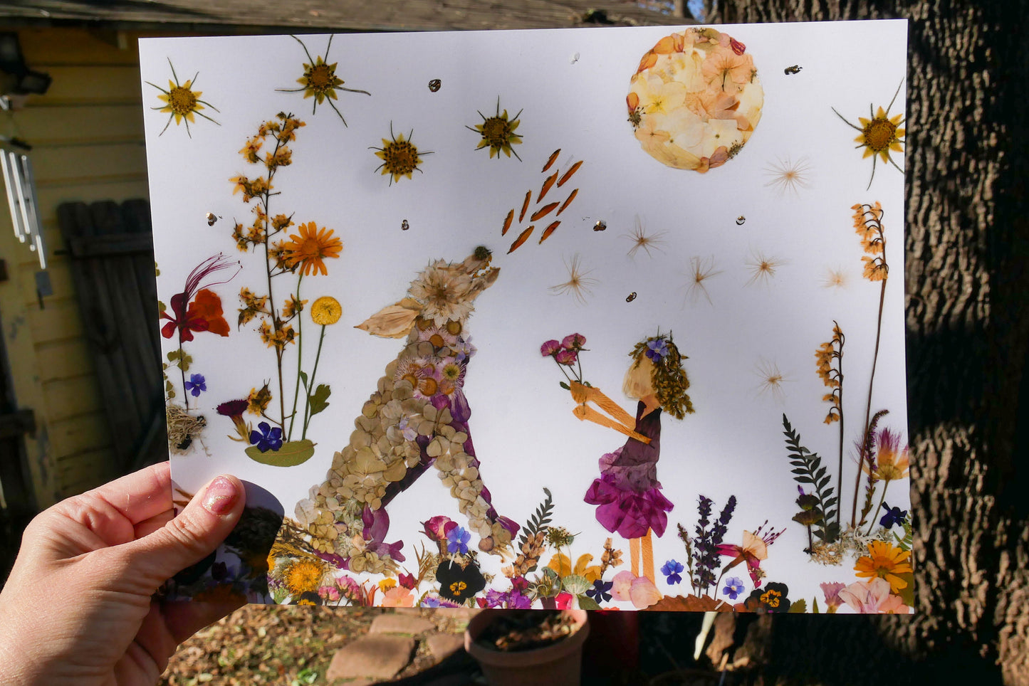 Pressed flower wolf art, whimsical flower art, real flower art PRINT, woodland nursery