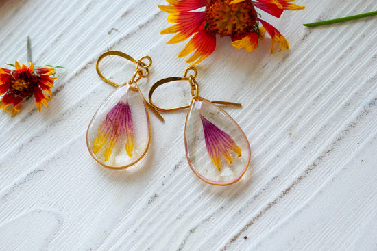 Blanket flower earrings, Indian blanket flower petal earrings, pressed gaillardia earrings