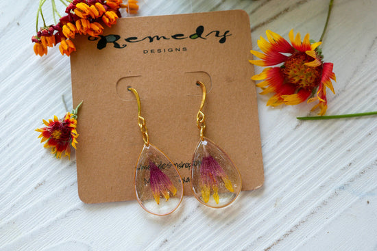 Blanket flower earrings, Indian blanket flower petal earrings, pressed gaillardia earrings