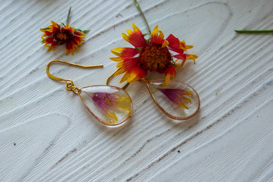 Blanket flower earrings, Indian blanket flower petal earrings, pressed gaillardia earrings