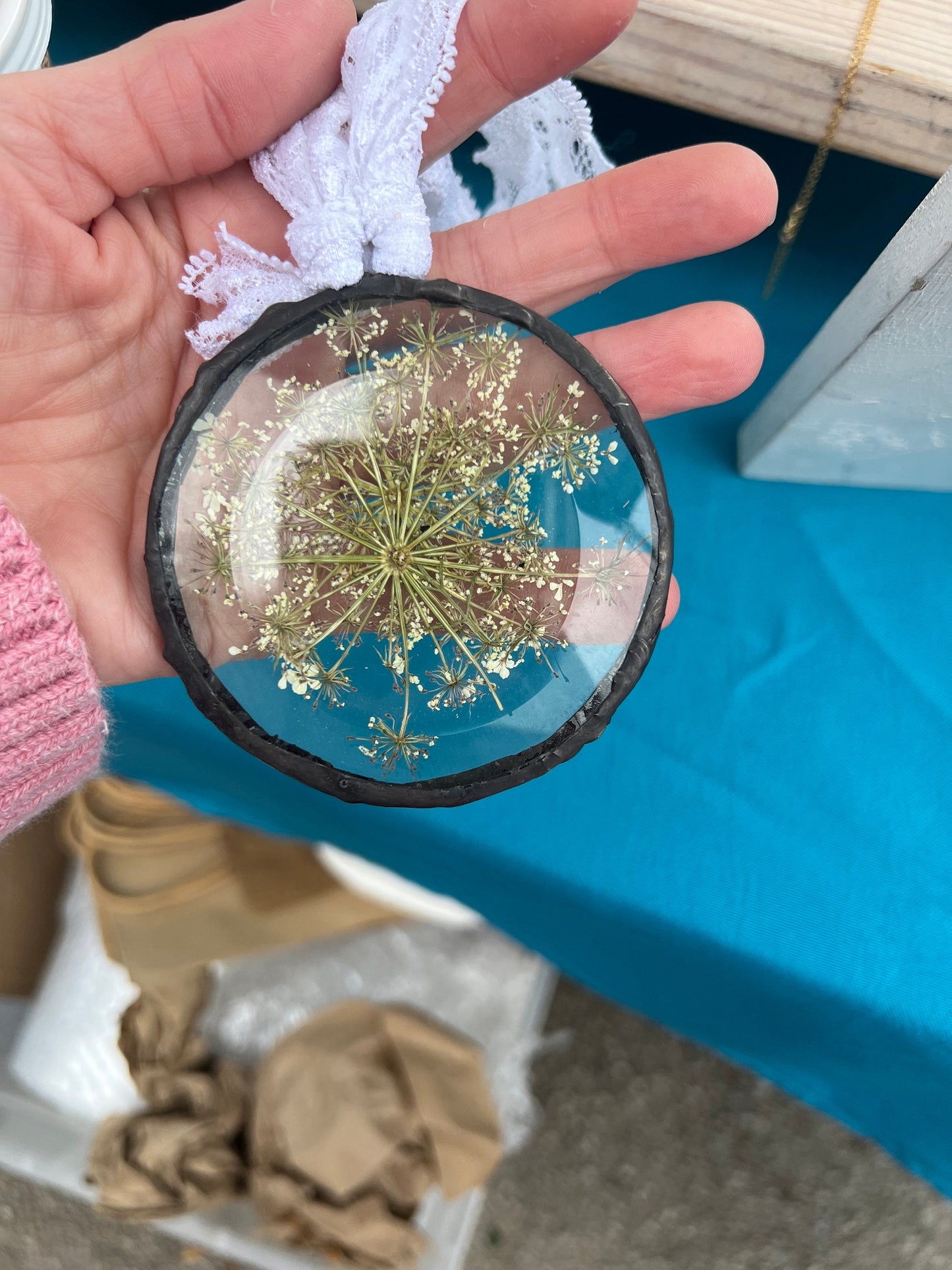 Pressed Queen Anne's lace  glass ornament, pressed flower ornament