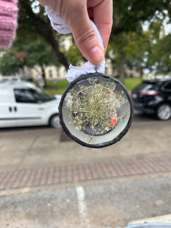 Pressed Queen Anne's lace  glass ornament, pressed flower ornament