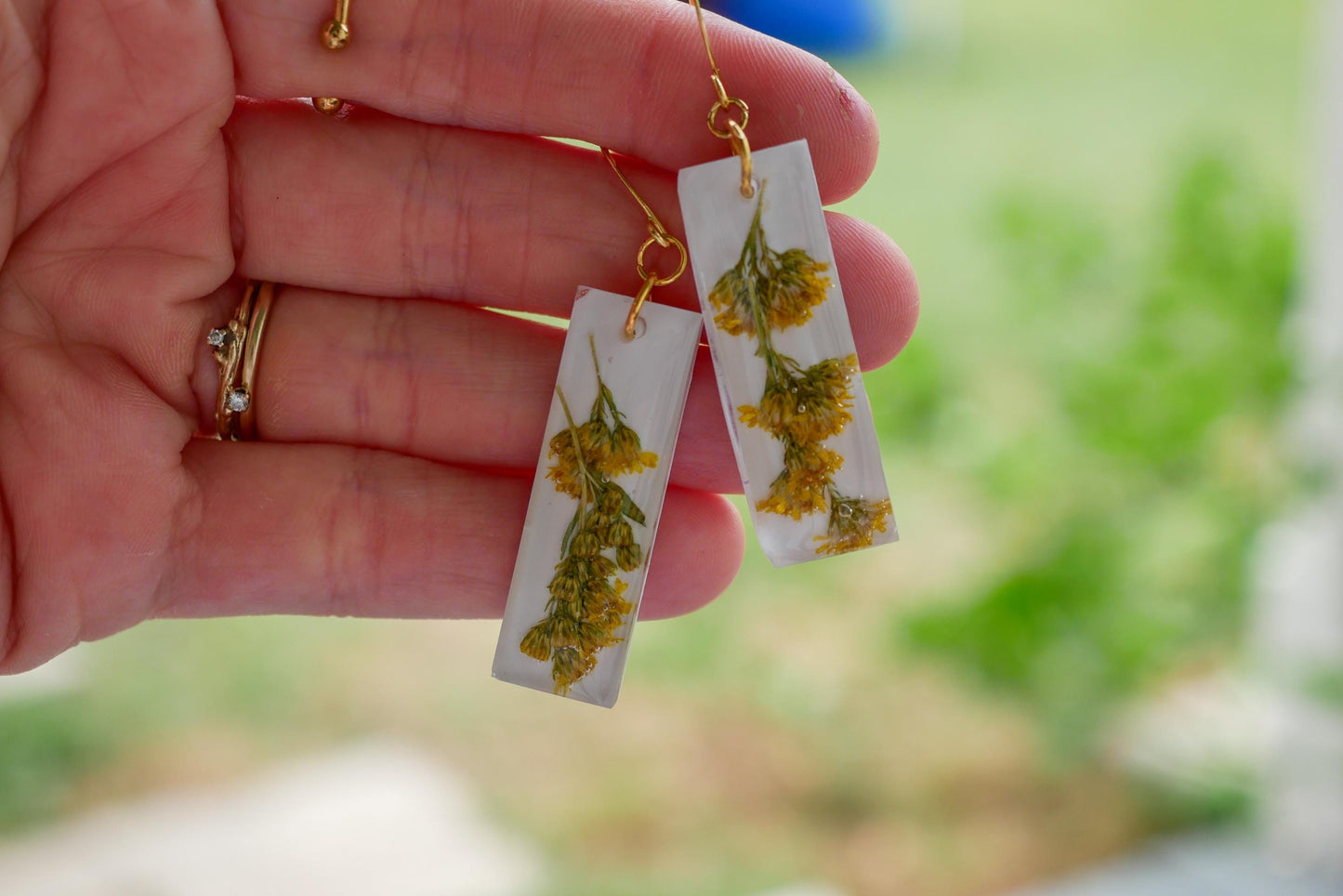 Goldenrod dangle earrings, Bar earrings, Pressed goldenrod flower, Fall flower earrings
