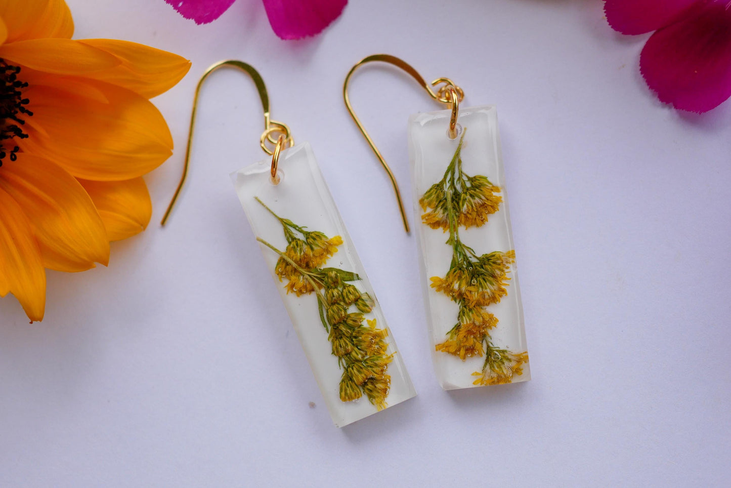 Goldenrod dangle earrings, Bar earrings, Pressed goldenrod flower, Fall flower earrings