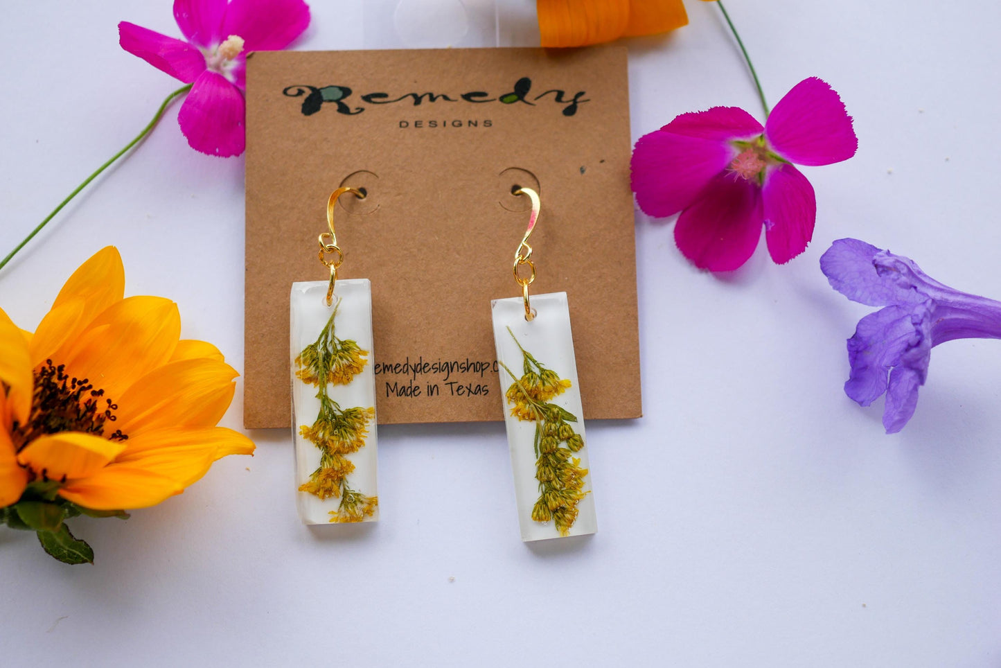 Goldenrod dangle earrings, Bar earrings, Pressed goldenrod flower, Fall flower earrings