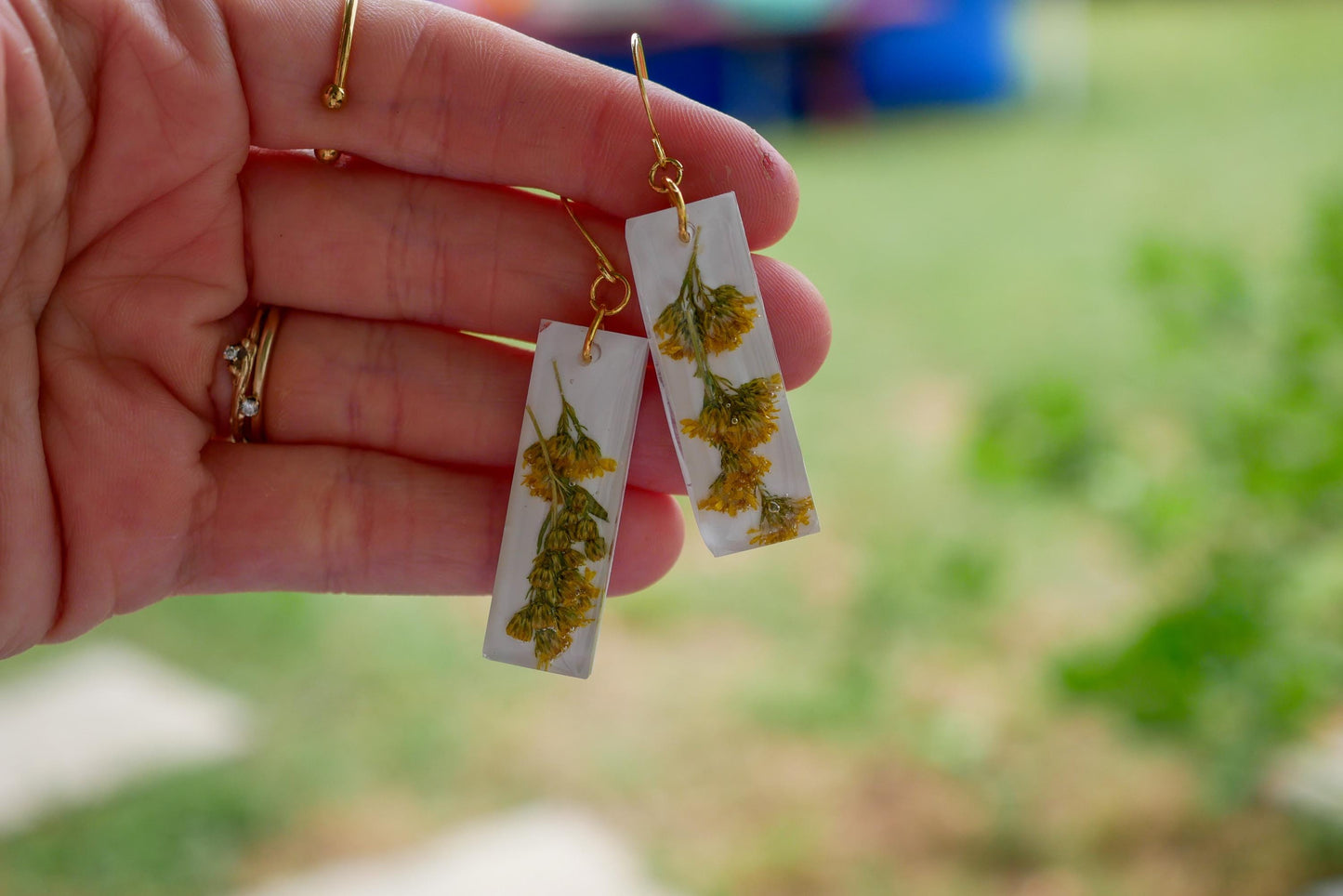 Goldenrod dangle earrings, Bar earrings, Pressed goldenrod flower, Fall flower earrings