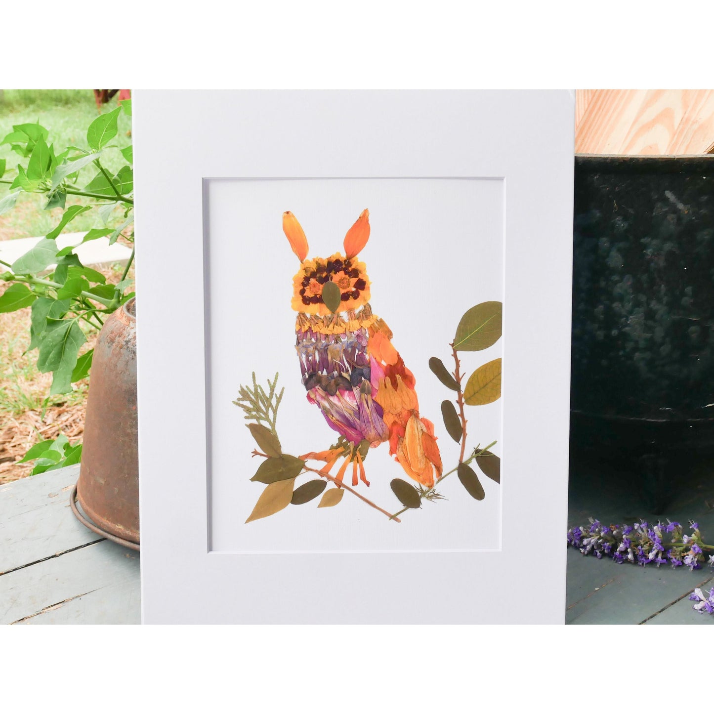 Floral owl print, Pressed flower owl