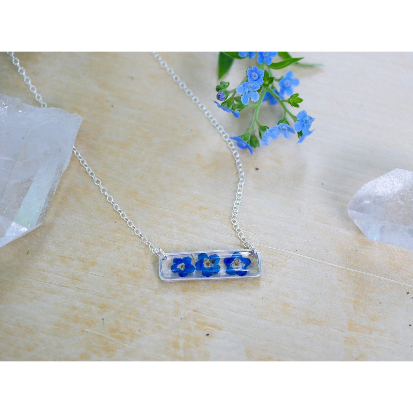 Forget me not horizontal bar necklace