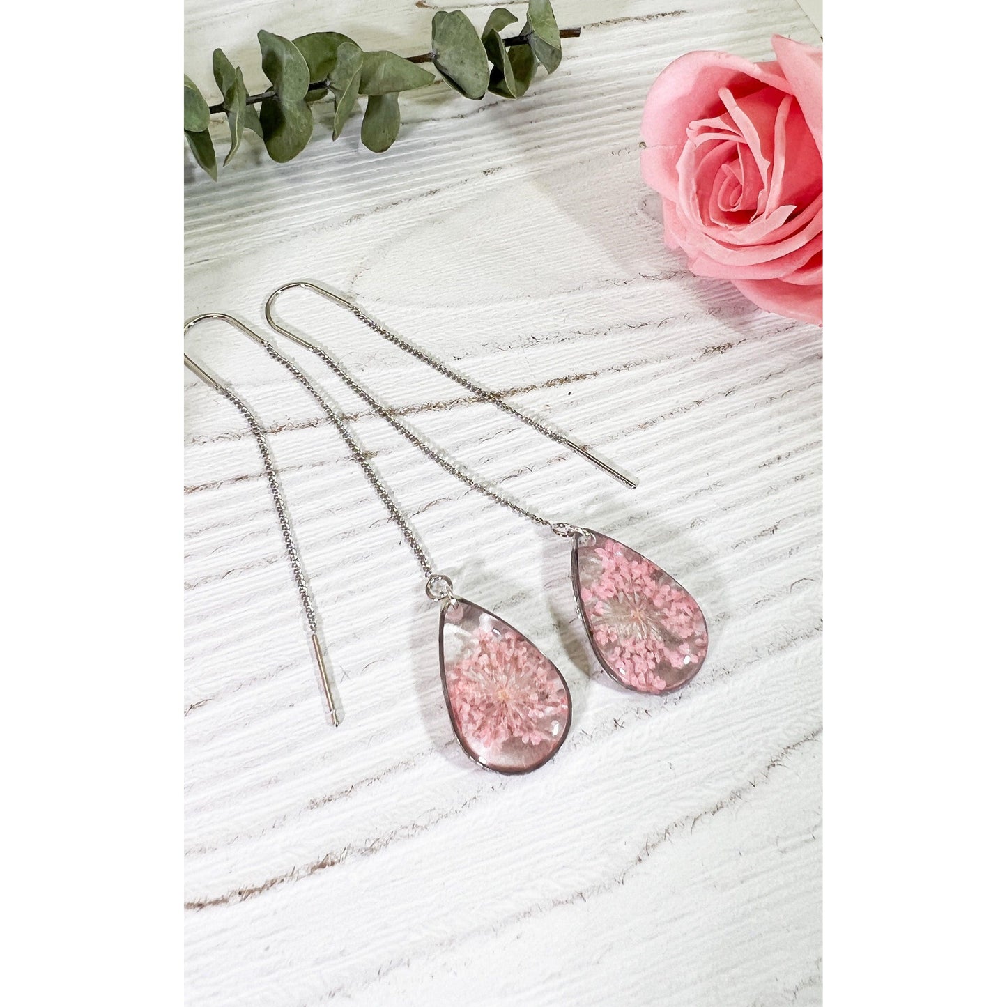 Pink Queen Anne’s lace ear threader earrings