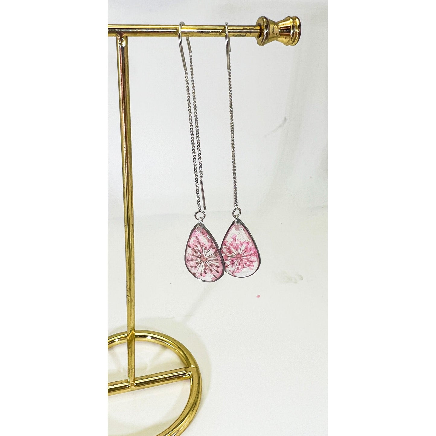 Pink Queen Anne’s lace ear threader earrings