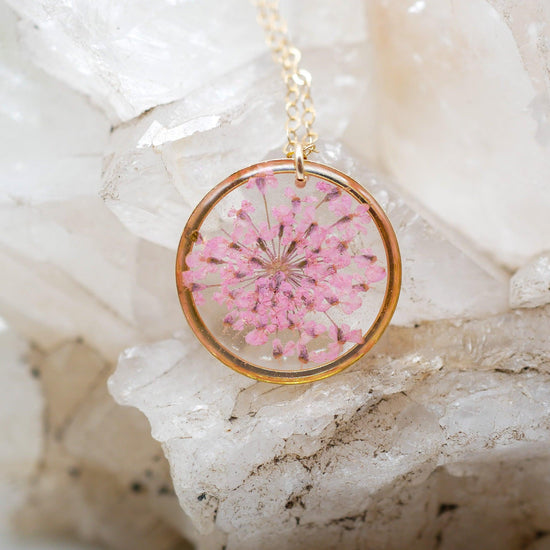 Pink Queen Anne’s lace pendant necklace