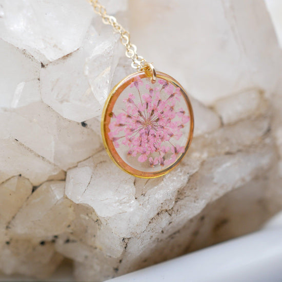 Pink Queen Anne’s lace pendant necklace
