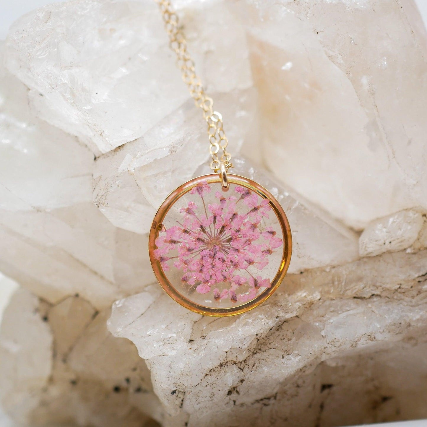 Pink Queen Anne’s lace pendant necklace