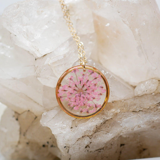 Pink Queen Anne’s lace pendant necklace