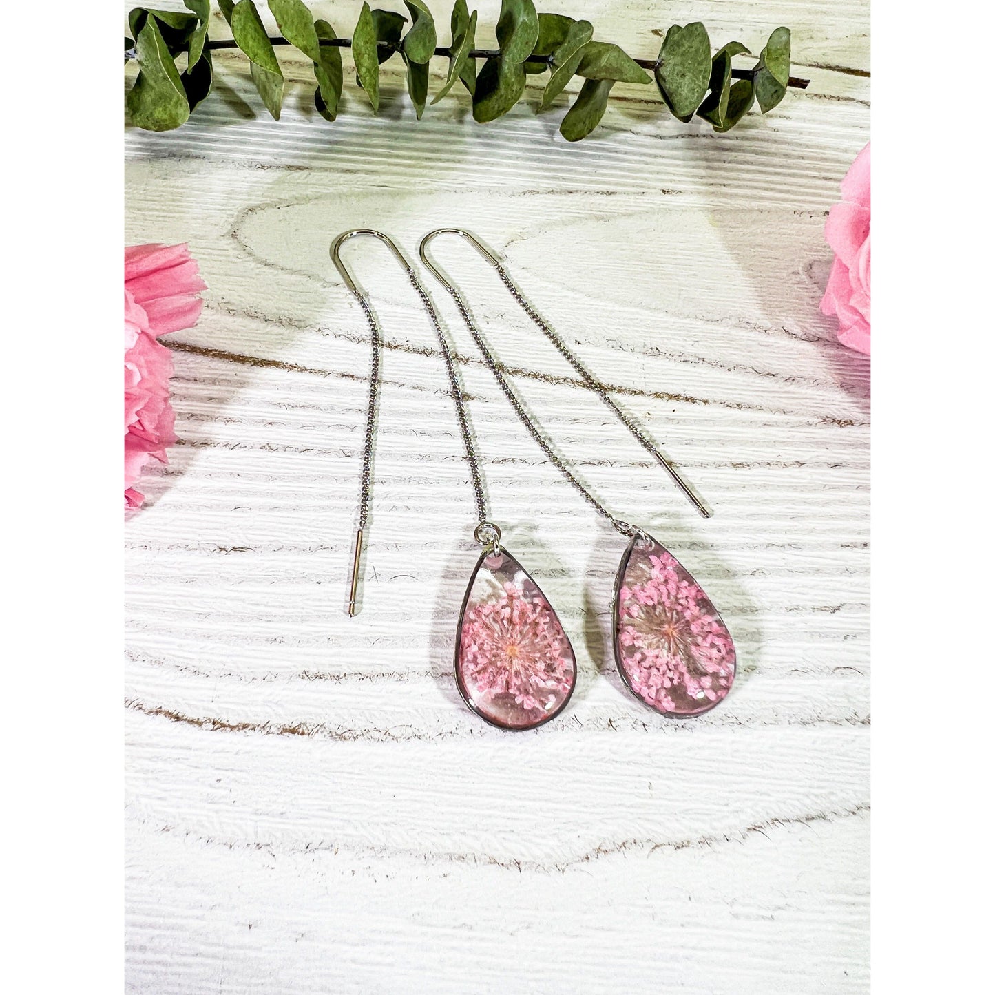 Pink Queen Anne’s lace ear threader earrings