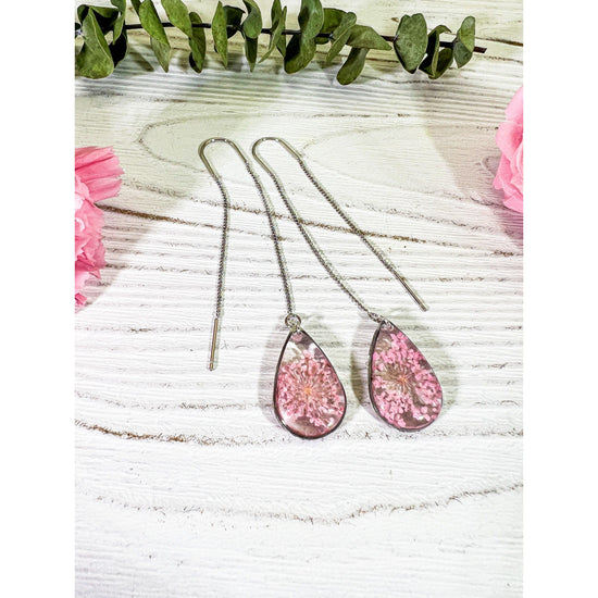 Pink Queen Anne’s lace ear threader earrings