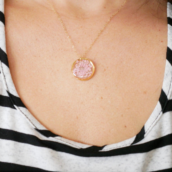 Pink Queen Anne’s lace pendant necklace