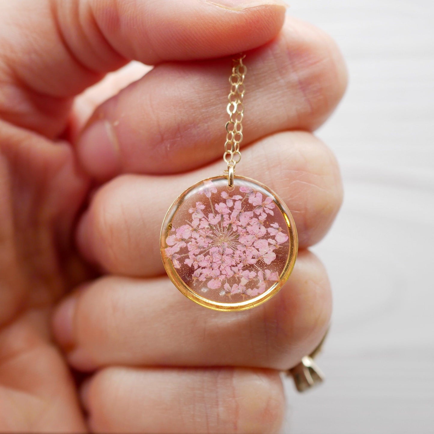 Pink Queen Anne’s lace pendant necklace