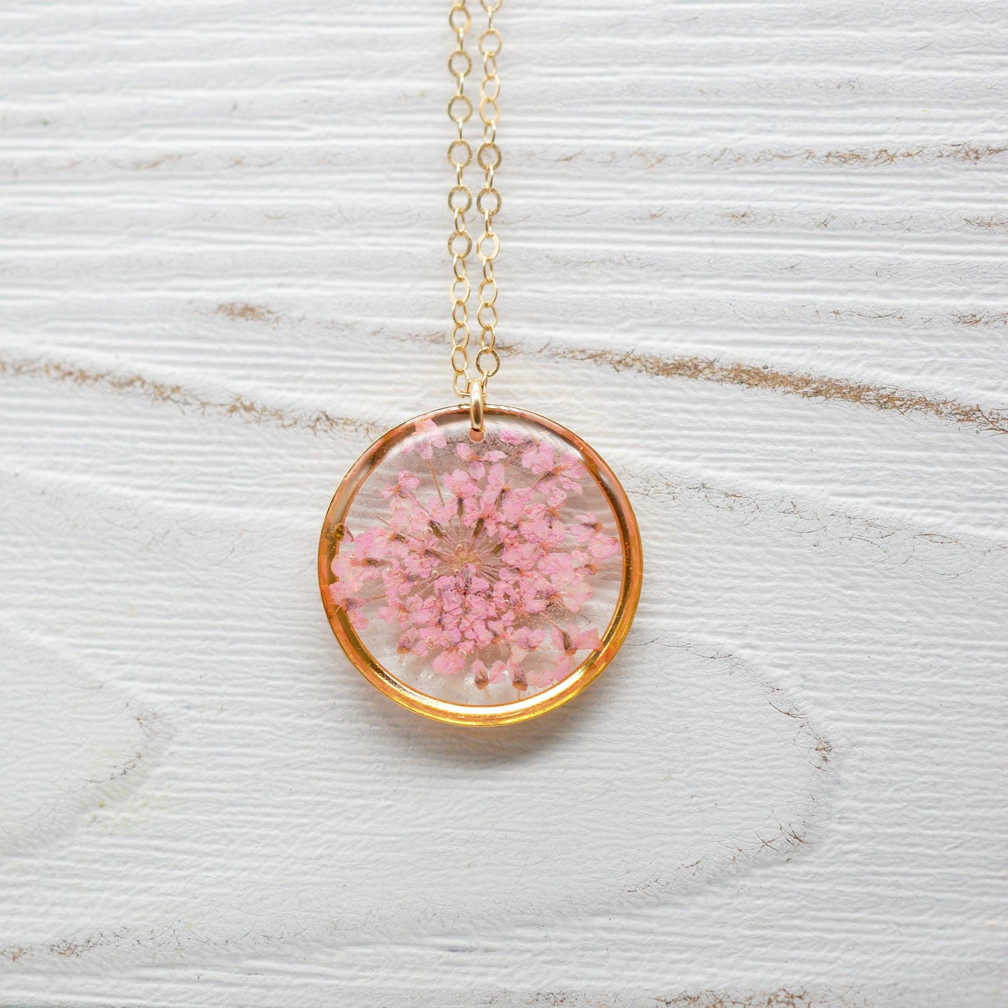 Pink Queen Anne’s lace pendant necklace