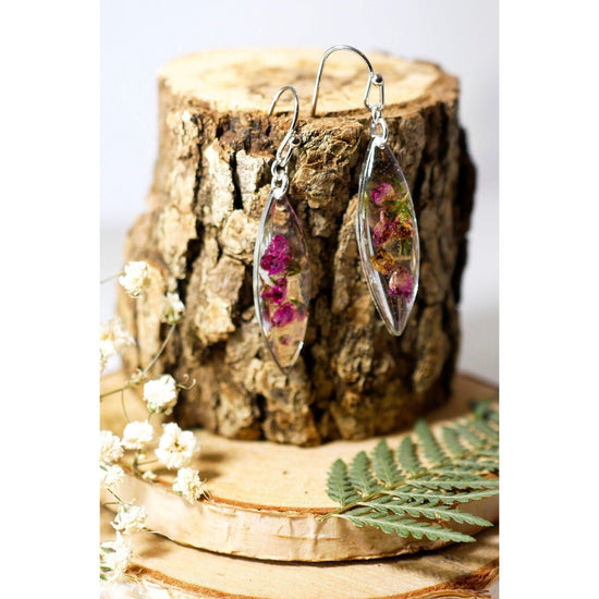 Pressed Heather ellipse earrings, real flower dangles, dainty terrarium earrings, herbarium earrings, woodland bridal